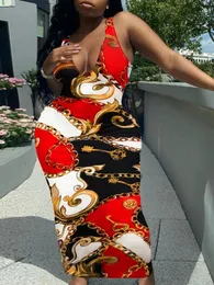 LW Plus Size Chain Print Bodycon Girl Cami Dress Spring Style Uneck ärmlös Kontrast Färg Ankellängd 240506