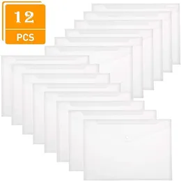 Storage Bags 12PCS Clear Plastic Waterproof Envelope Folder With Button Closure - A4 Paper Size Transparent Document Holder