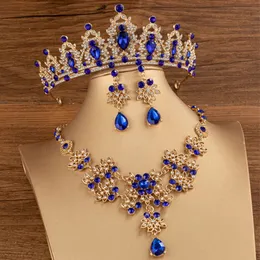 Diezi Baroque Bridal Crown Tiaras 여성 결혼식 공주 여왕 Red Green Blue Crystal Necklace Earrings Jewelry Sets 240514