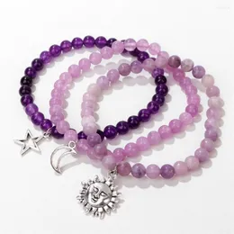 Strand 3pcs/Set Natural Purple Jades Stone Bracelet Amethysts Sun Moon Star Charm установлено для женщин мужские ювелирные изделия из хрустальные браслеты