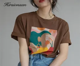 Hirsionsan estetiska tryckt t -shirt mjuk vintage lösa tees abstrakt grafiska bomullstshirts sommar avslappnade toppar 2203262726849