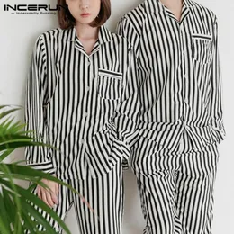 INCERUN Fashion Striped Couple Pajamas Sets Men Long Sleeve Tops Pants Mens Sleepwear Sets Nightwear Suits Homewear Plus Size3823402