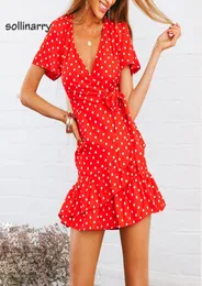 Sollinarry Red Polka Dot gegen Hals Ruffle Mini Kleid Frauen 2018 Sommer Casuar Pink Wrap Kleid sexy Boho Beach Kurzes Vestidos7728075