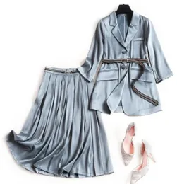 2020 Spring Summer 34 Sleeve NotchedLapel Knitted Waist Belt Blazers Minimalist Panelled MidCalf Skirt Two Piece 2 Pieces Set813512753837