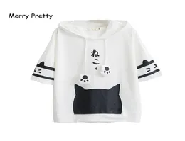 Merry Pretty T Shirt Women Harajuku Japan Style Kawaii Cat Tshirt biały z kapturem bawełniany krótki rękaw