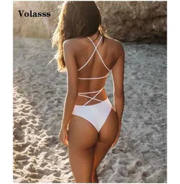 Seksi Strappy Girls Mayo Mayo Kadın Kadın Yüksek Bel Beyaz Bikini Badeanzug Biquini Brasileiro Plaj Giyim 2106244664715
