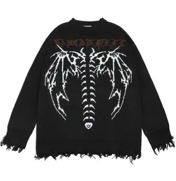 Men039s Sweaters American Streetwear Thorns Skeleton Print Ripped Gothic Sweater Pullover Men Hip Hop Loose Autumn Unisex Haraj9424081