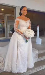 Eleganti maniche lunghe sirene in pizzo abiti da sposa 2024 a maglie a maglie di tulle di abiti da sposa con perline da sposa con gonna staccabile con gonna staccabile