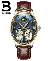 Double Tourbillon Switzerland Watches BINGER Original Men039s Automatic Watch SelfWind Fashion Men Mechanical Wristwatch Leath2375670