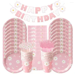 Party -Dekoration 96/97pcs Daisy Themed Pink Disposable TableWare Papierplatte Serviette Banner für Geburtstagsbabyshow Hochzeit