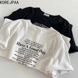 Koszulki damskie Korejpaa przyczynowy list nadrukowany Kobiety Sprężyna Lato okrągła szyja Krótkie rękawowe Topy Przemoc moda Korean Style Ropa