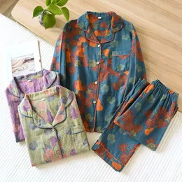 Japanese Spring and Autumn Womens Pyjama Set 100% Cotton Vintage Long Sleeved Pants Two Piece For Home Furnishings 240520