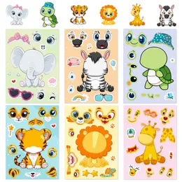 6Sheets Cartoon Puzzle Stickers Animals Tiger Lion Turtle Refaced Stickers Comic Make a Face Girls Boys Diy Sticker Funny Graffiti Kids Cartoon Face Change klistermärke