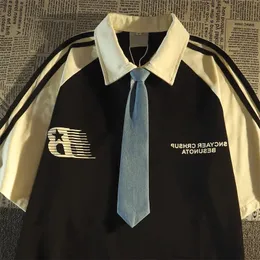 Polo Krawattenstich gestreiftes Baumwoll kurzärmelige T-Shirt Männer und Frauen Paar 2024 New Lose College Style INS-Shirt T-Shirt