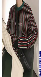 2018 Winter New Hong Kong Style Wild Men039s Pullover Style Rainbow Stripes Print Thickening Casual Sweater Men039s O Neck M5604208