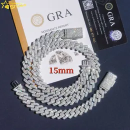 Wholesale price 15mm 2 rows hip hop fine jewelry men necklace sterling sier VVS moissanite diamond cuban link chain