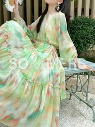 Fransız Şifon Parçalı Çiçek Elbise 2024 İlkbahar ve Sonbahar Yeni Kadınlar Nazik Stil Gevşek ve Zayıflama Tatil Büyük Salıncak Uzun Elbise 230508