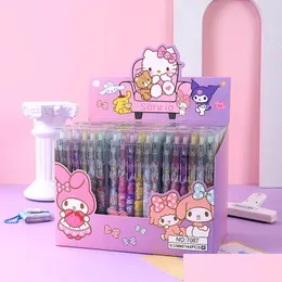 Geschenk Rollerball Stifte 12pcs/Lot Metall Hook Black Ink Press Pen Cartoon Katze Kuromi Zimoroll Melodie Kawaii Student Schreiben neutraler Sta Otixe