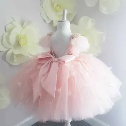 Kız Elbiseleri Zarif Kız Elbise Kız Yaz Moda Pembe Dantel Yay Partisi Tül Çiçek Prenses Gelinlik Bebek Kız Elbise D240520