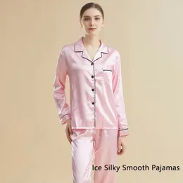 Kobiety Ice Silkky piżamę śpiące śladki nocne różowe czarne l xl xxl długie rękawowe i spodnie stały kolor swobodny gładki 240520