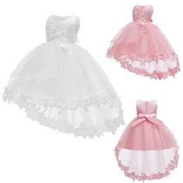 Flickans klänningar Girl Princess Dress Baby Baptist Lace Solid Long Tail Dress 1 Year Birthday Party Carnival Bride Maid Vestidos 0-24 månader D240520