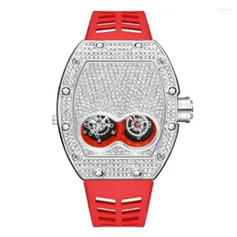 Нарученные часы Pintime Оригинальные роскошные полные бриллианты Iced Out Watch Bling-Ed Rose Gold Case Красный силиконовый ремешок Quartz Clock для Men 202t