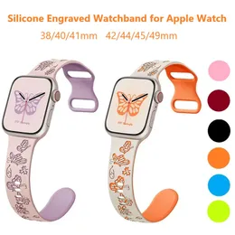 För Apple Watch Engraved Bands Compatible med Apple Watch Bands Ultra 9 8 7 6 5 4 3 Double Color Futterfly Iwatch Silicone Sport Rand Armband 40mm 41mm 44mm 45mm 49mm