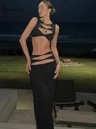 Tawnie 2023 Spring Hollow Out Outfit Outfit Sexy Slim Sleeveless Crop Top Top Gonna Maxi Skirt 2 Piece Cashy 240516
