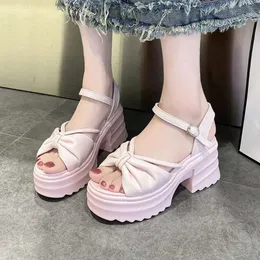 Mulheres grossas plataformas de verão fivela de fivela 399 Sapatos inferiores 8 cm de salto alto sandálias casuais chinelos de bowknot rosa F40