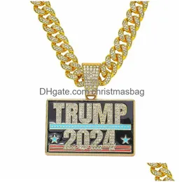 Party bevorzugt kreative Trump 2024 FL Diamond Fashion Persönlichkeit Anhänger Kubaner Kette Halskette Drop Lieferung Hausgarten Festliche Lieferungen DHCWU