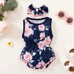 Jumpsuits sommar Nyfödda spädbarn 0-18m baby pojke romper pannband ärmlösa rompers barn onepiece mjuk fashi y240520l2se