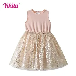 Girl's Dresses Vikita Girls Sleeveless Summer Dress Childrens Patch Work Princess Birthday Party Daily Casual Pink Elegant Dress Childrens Clothing d240520