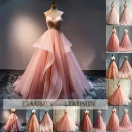 Partykleider rosa Tüll in voller Länge trägerloser Brautkleid Abendkleid Brithday formelle Promessen-Prinzessin Rock handgegebener W14-19