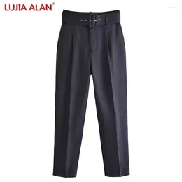 Pantaloni da donna estate in alto cintura a vita nera di biancheria nera di moda femmina pantaloni sciolti Lujia Alan P3797