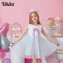 Sukienki dziewczynki Vikita dziecięca bez rękawów sukienka Rainbow cekinowa sukienka dziecięca letnia bawełniana siatkowa plastra siatki robocze sukienka dziecięca ubrania D240520