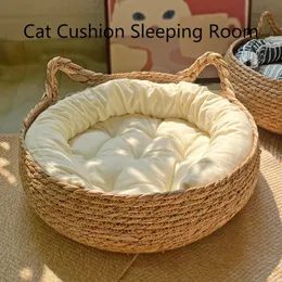 Four Seasons Cat Bed Bed Tecida Removável Estofamento Dormindo Casa Cat Scratch Floor Rattan Cats laváveis Pet Products Acessórios 240516