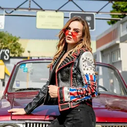 Kvinnors jackor olomlb Spring och Autumn Slim-Fit Leather Coat 2024 Fashion Printed Street Style Rivet Jacket