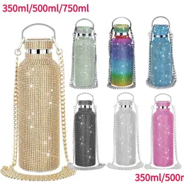 Thermoses 350Ml500Ml750Ml Bling Diamond Thermos Bottles Portable Glitter Rhinestone Water Bottle Crossbody Stainless Steel Thermal Dr Dhshg