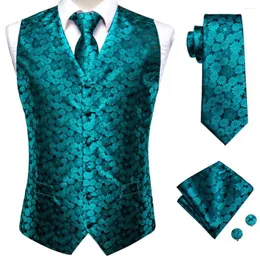 Men's Vests Hi-Tie Teal Green Silk Mens Vest Tie Hanky Cufflinks Set Jacquard Floral Waistcoat Jacket Necktie For Male Wedding Business XXXL