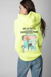 Zadig Voltaire Classic Fashion Pure Cotton Tops Sweatshirt Small Wings Coconut Tree White Ink Digital Print Inner Fleece Hooded Seater for Women Crew Neck long5fx6