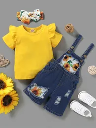 Kleidung Sets Sommer Neugeborene Kind Mädchen Kleidung Stirnband Kurzarm -Hemd Jeans Overalls Mode Baby Kleidung Y240520ffzj