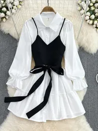 Spring Autumn Fashion Casual Suit Female Korean Loose White Shirt Dress Slim Vest Dress Twopiece Set GD786 240517