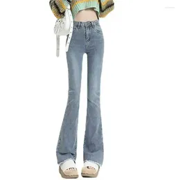 Women's Jeans Light-colored With Frayed Hems And Slight Flare Featuring Stretch Distressed White Accents