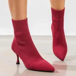 Stiefel Knöchel Slip-on Damenschuhe zum Verkauf 2024 Mode Winter dünne Heels Gummi-Socke Solid Botas großgröße