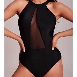 Style wysoko szyi bez ramiączek Solidna siatka łączenie jednoczęściowego stroju kąpielowego Kobiety seksowne plecy Zweiteiler Damen Set