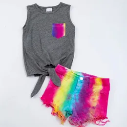 Girlymax Baby Girls Summe Sleeveless Vest Cotton Top Rainbow Tie Dye Denim Shorts Jeans Outfit Set 240518
