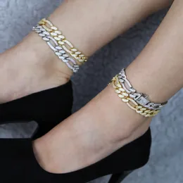 9 10 Women Leg Chain Iced Out Bling 5A CZ 12mm Largura Figaro Chain Link Chain Summer 240508