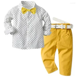 衣類セット子供用服の男の子のドレスバースデー長いスリーブドットボウシャツパンツベルト3 PCS幼児用セットスーツ