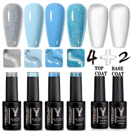 Yokefellow 6pcs Gel esmalte conjunto de blocos de topo e cinza Glitter Blue UV Manicure para mulheres 240510