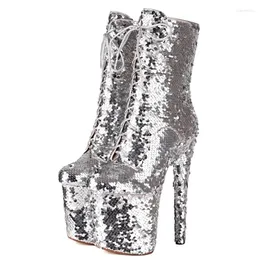 Boots Luxury Ankel för Women Platform Sexig Sequined Super 20cm High Heels Kort stövel Kvinnlig guld Silver Party Strip Dance Shoes